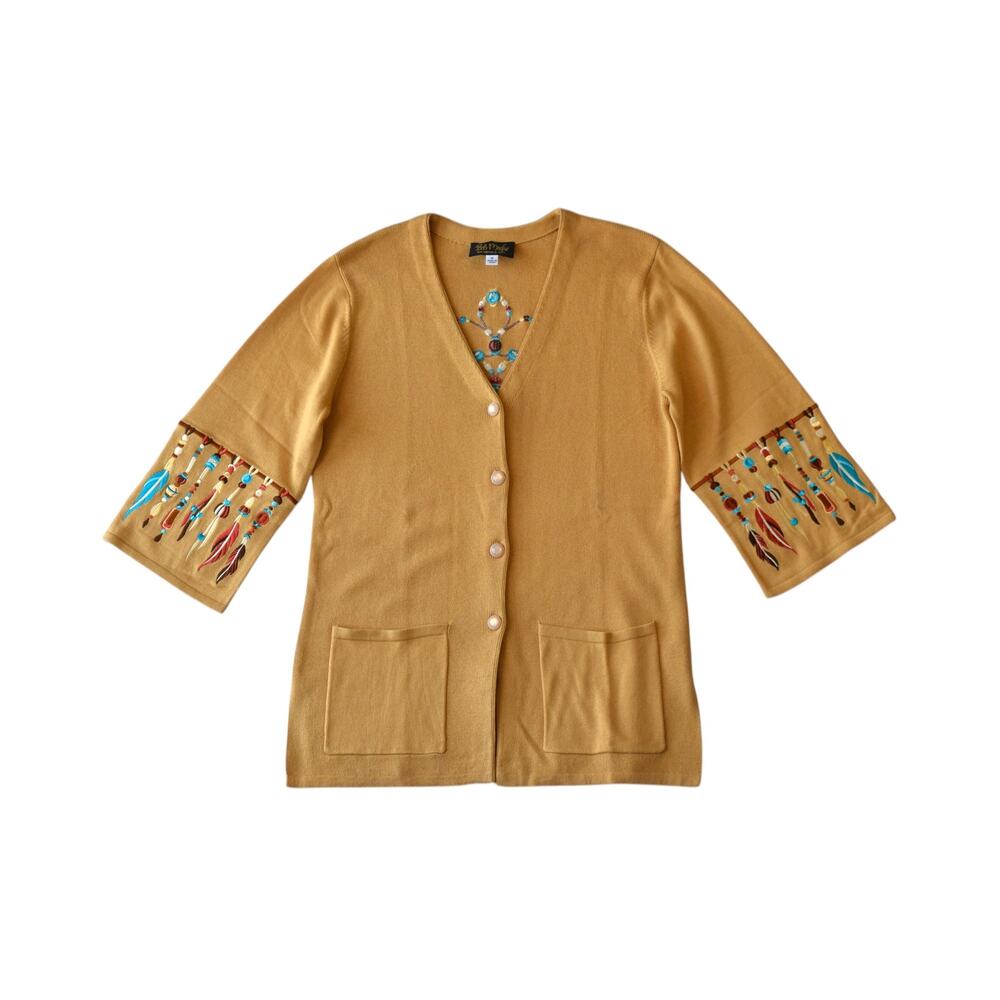 Bob Mackie Wearable Art Boho Feather Cardigan Sweater Medium